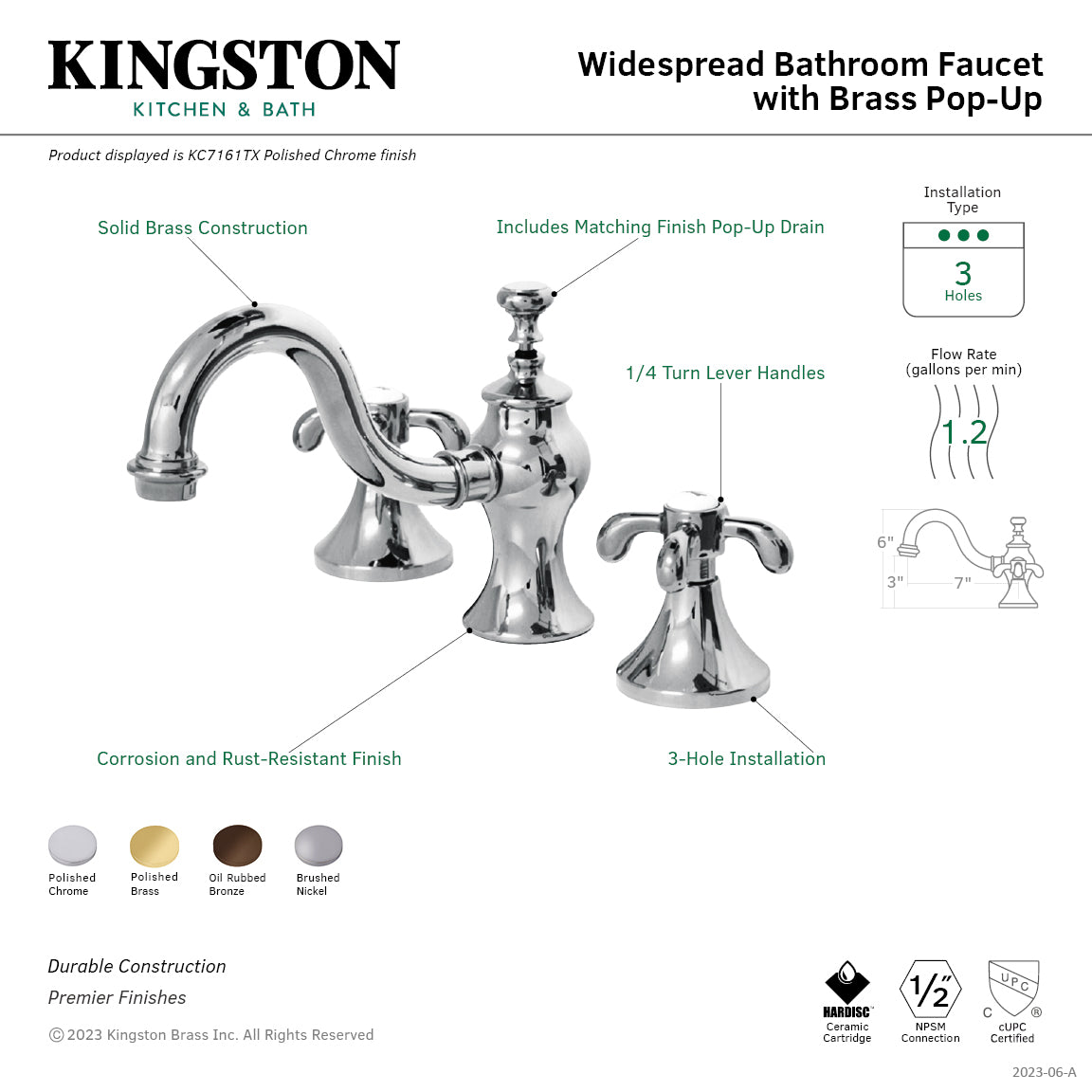 Kingston Heirloom KC7161TX - French Country Two-Handle 3-Hole Deck Mount Widespread Bathroom Faucet with Brass Pop-Up, Polished Chrome — thumbnail 2
